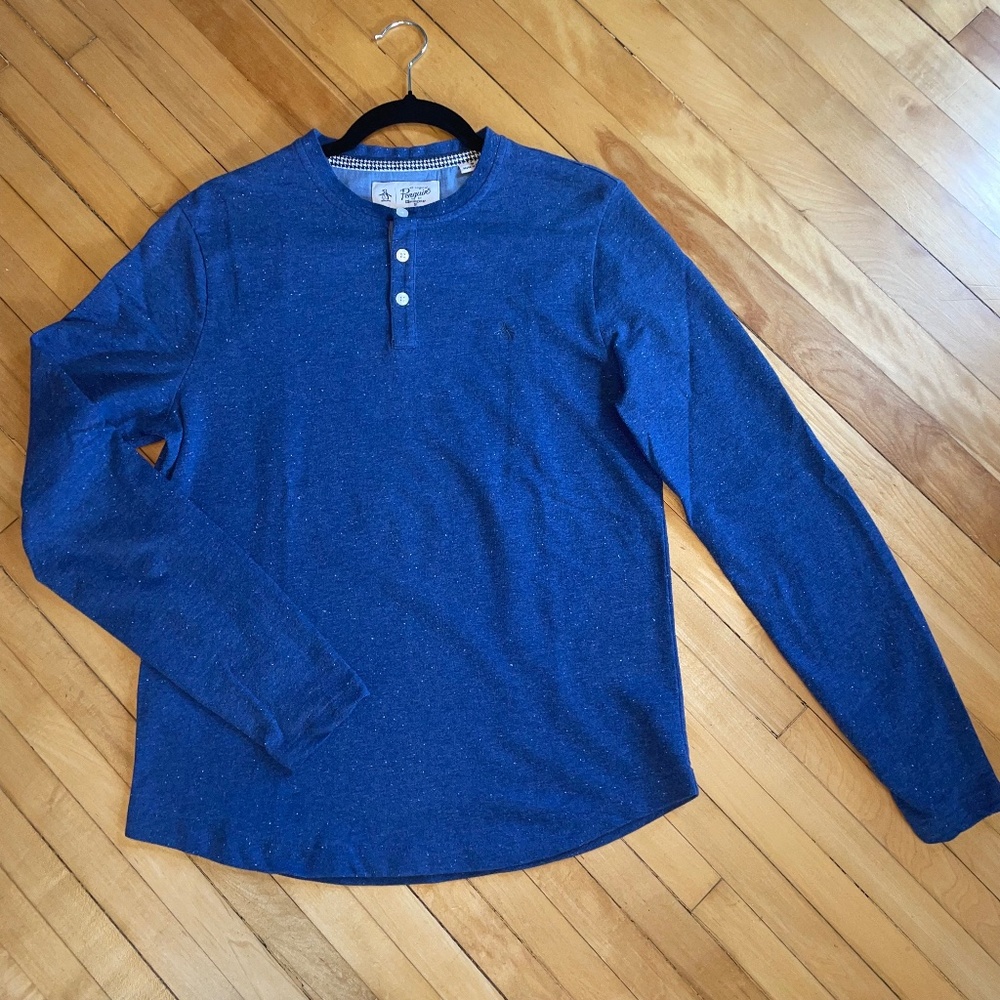 ORIGINAL PENGUIN Long Sleeve Henley Shirt Top Blue Heather Loungewear Preppy